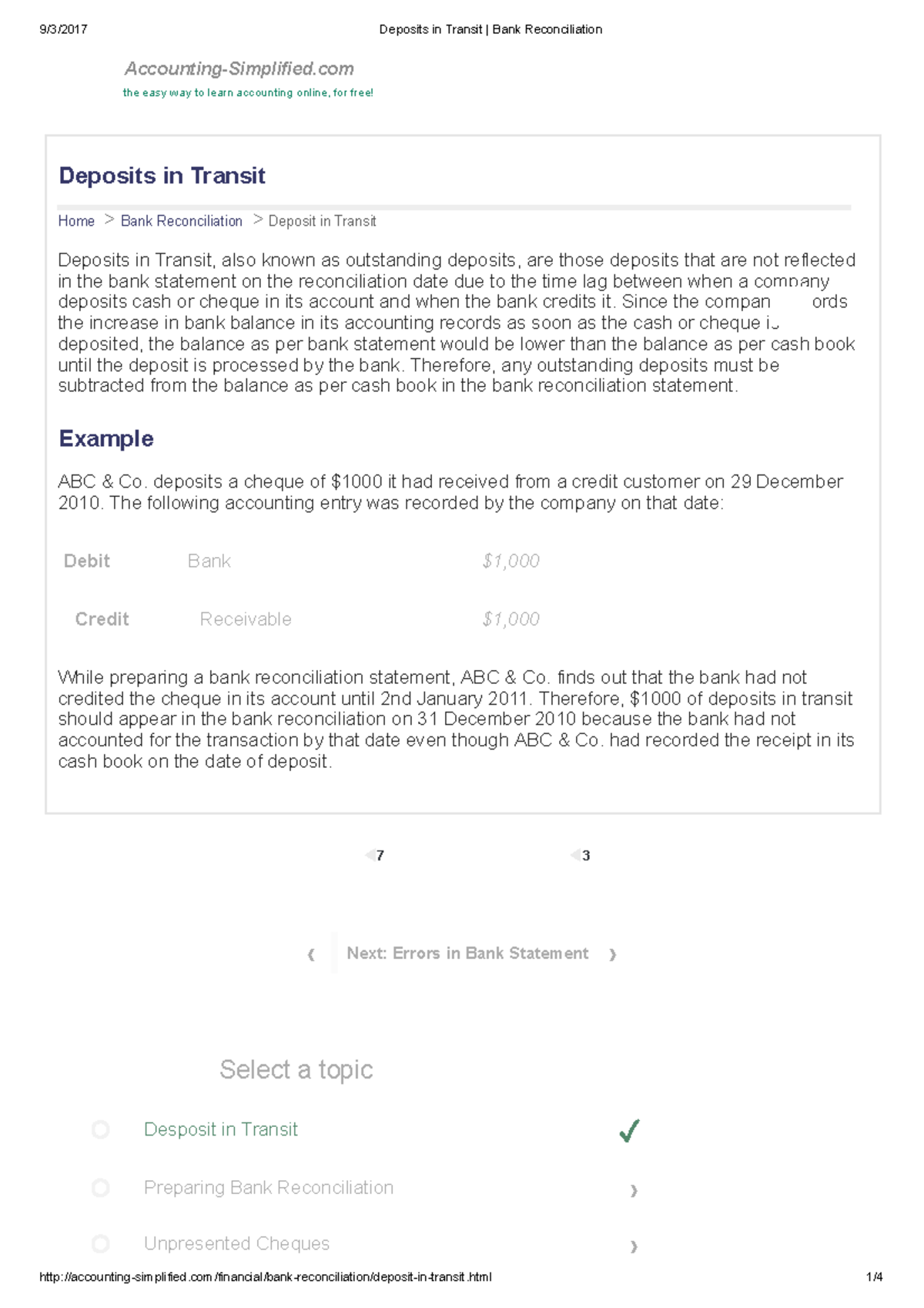 Deposits in Transit Bank Reconciliation > > ˅ Audit Other Accounting