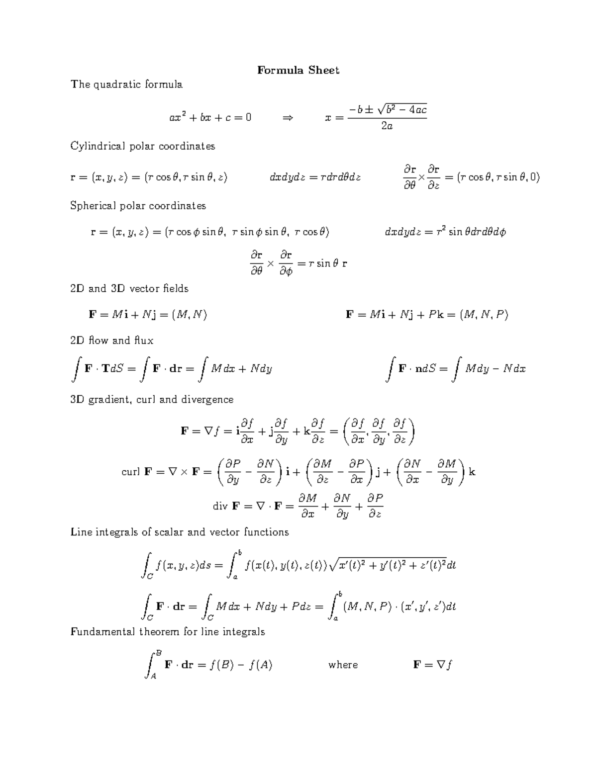 MATH2501 Formula sheet - Formula Sheet The quadratic formula ax 2 + bx ...