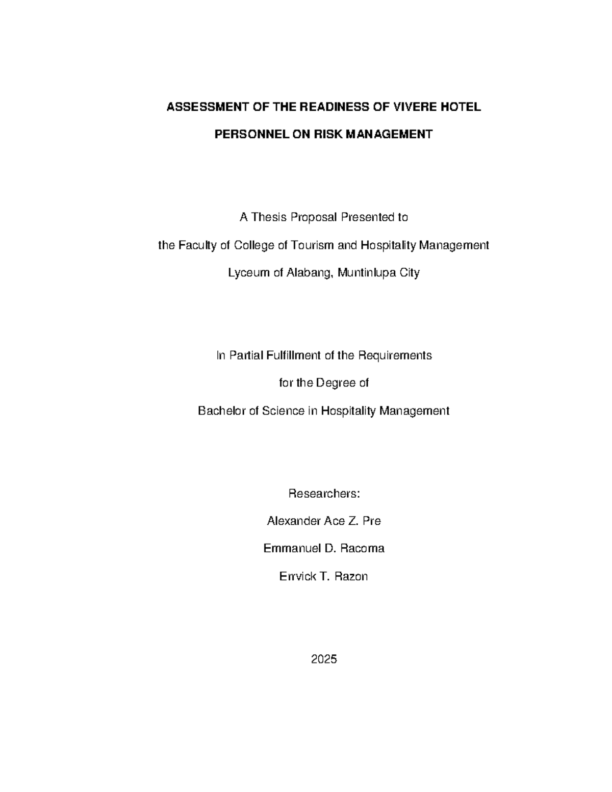 Risk-Management-Proposal - ASSESSMENT OF THE READINESS OF VIVERE HOTEL ...