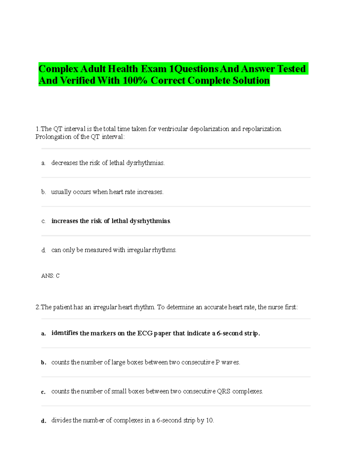 Complex adult health exam 1 Complex Adult Health Exam 1Questions And