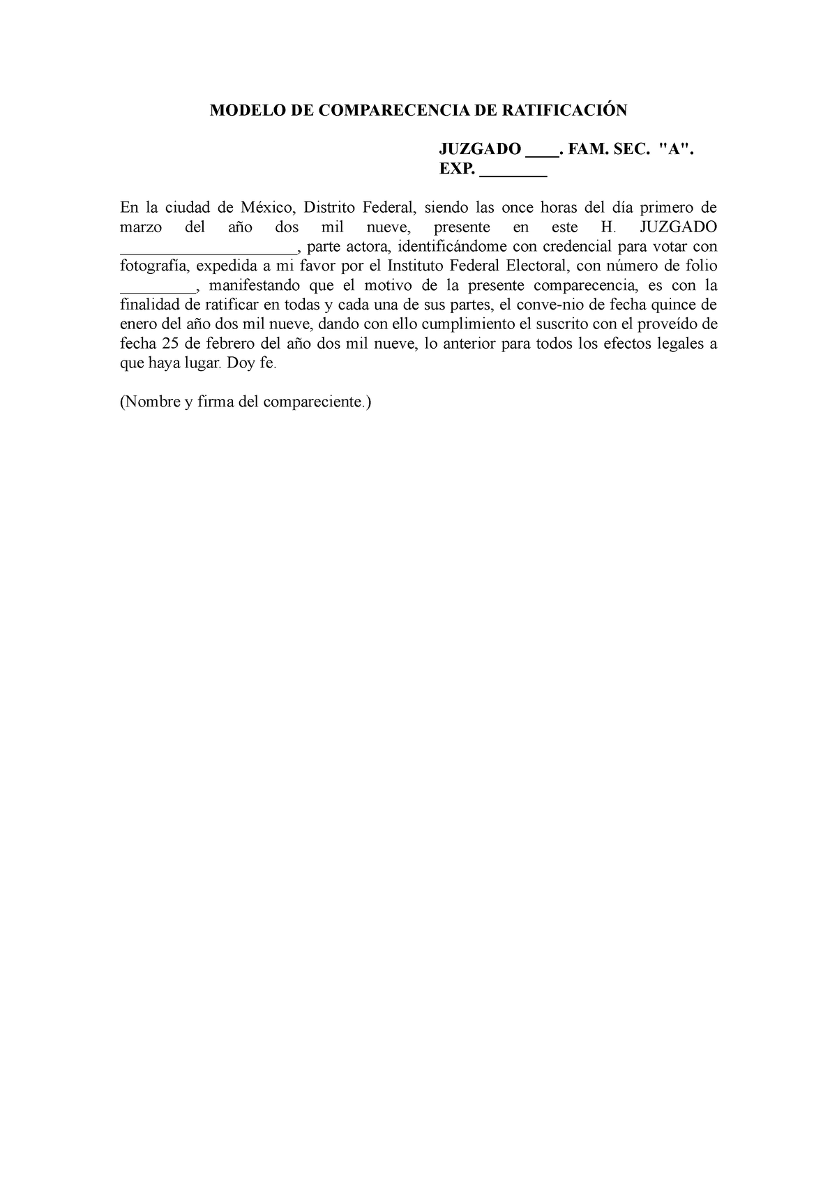 Modelo De Comparecencia De Ratificación Modelo De Comparecencia De