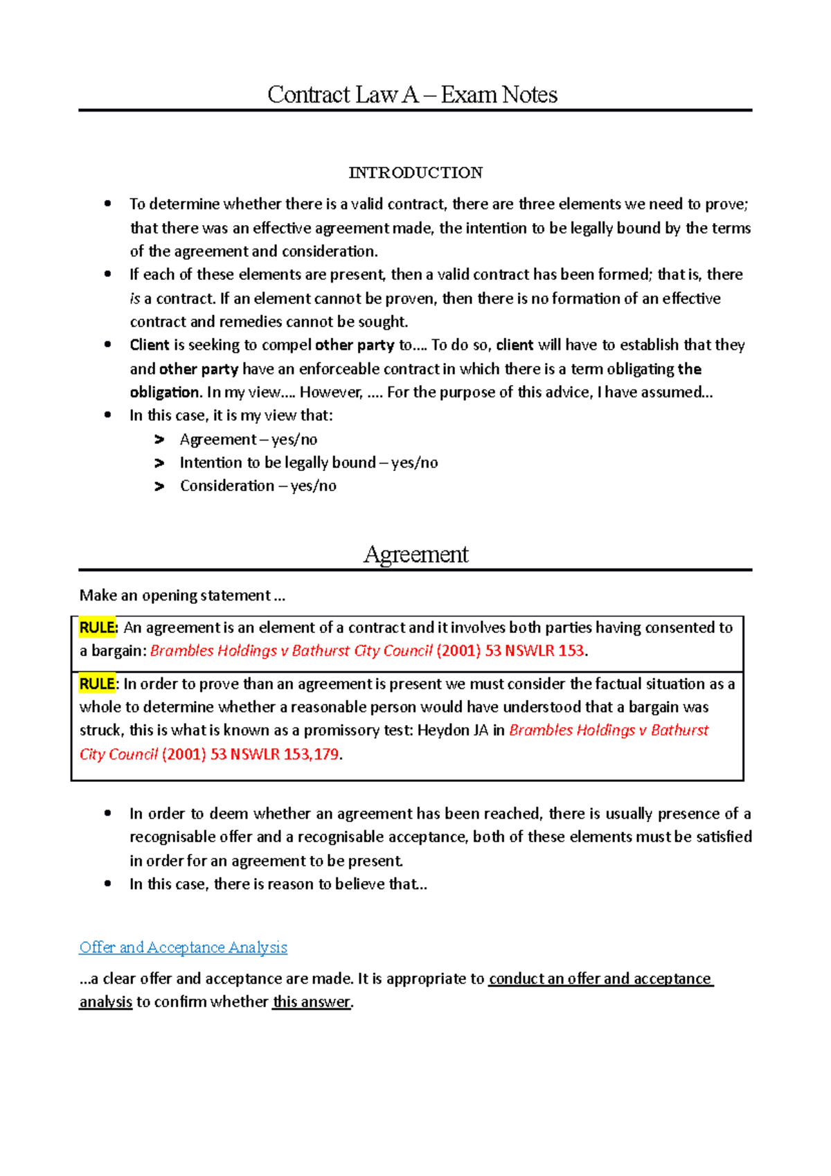 Contract A EXAM Notes - Contract Law A – Exam Notes INTRODUCTION To ...