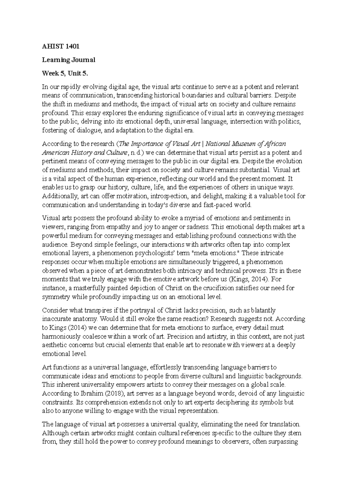 AHIST 1401 Learning Journal Unit 5 AHIST 1401 Learning Journal Week 5