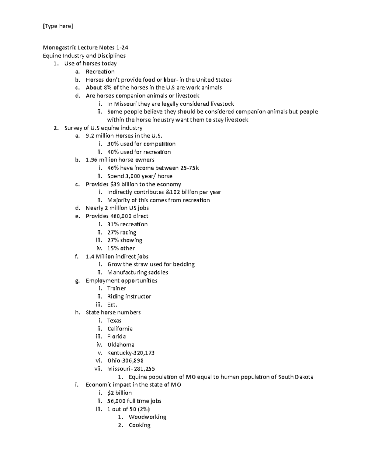 Lecture Notes 1-24 - equine industry and disciplines - [Type here ...