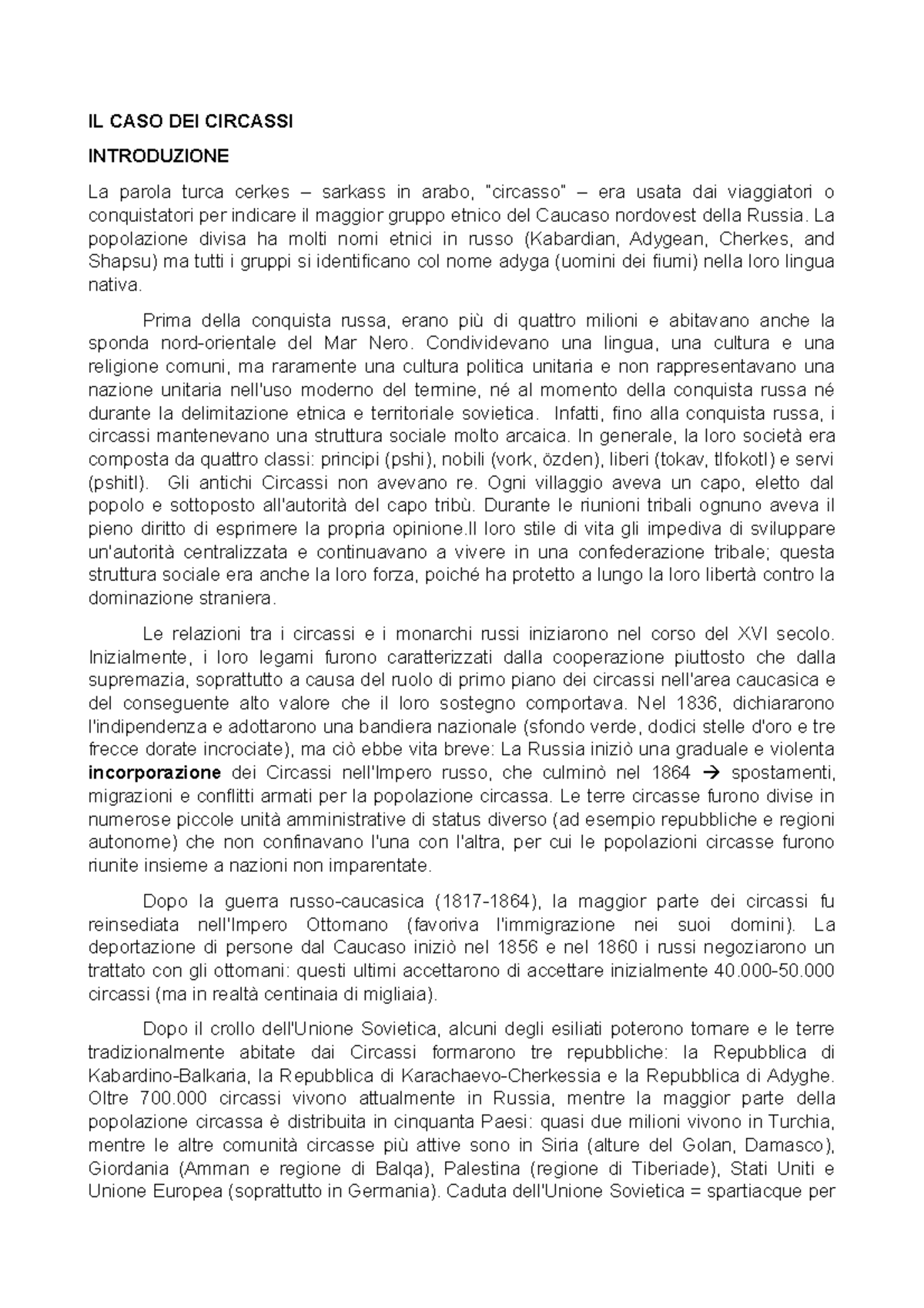 il caso dei Circassi IL CASO DEI CIRCASSI INTRODUZIONE La parola