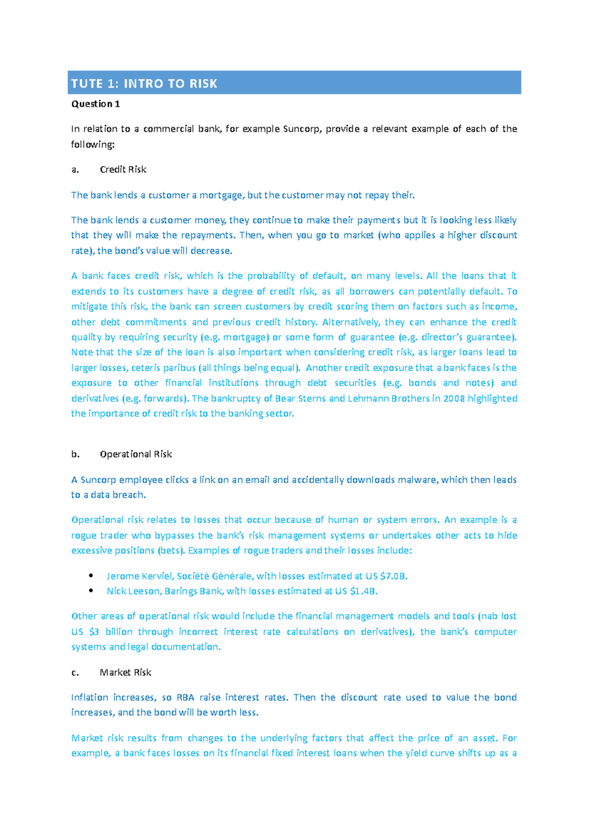 Collated tute notes weeks 1-5 - TUTE 1: INTRO TO RISK Question 1 In ...