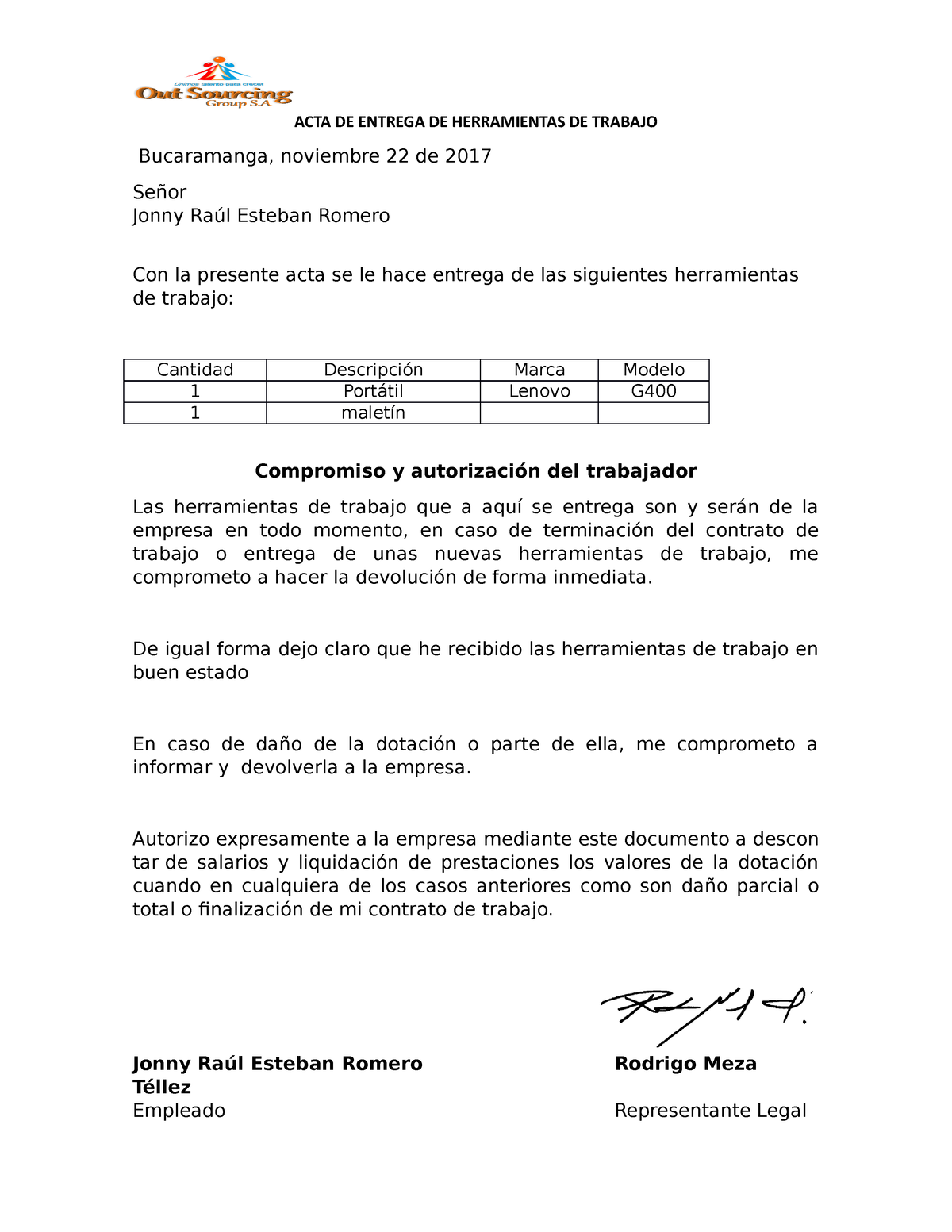 Acta De Entrega De Equipos Acta De Entrega De Herramientas De Trabajo Bucaramanga Noviembre