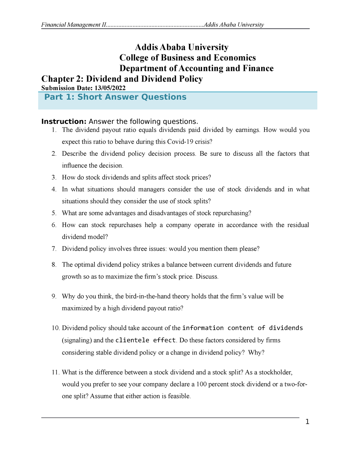 Assignment #2 Dividend And Dividend Policy - Addis Ababa University ...