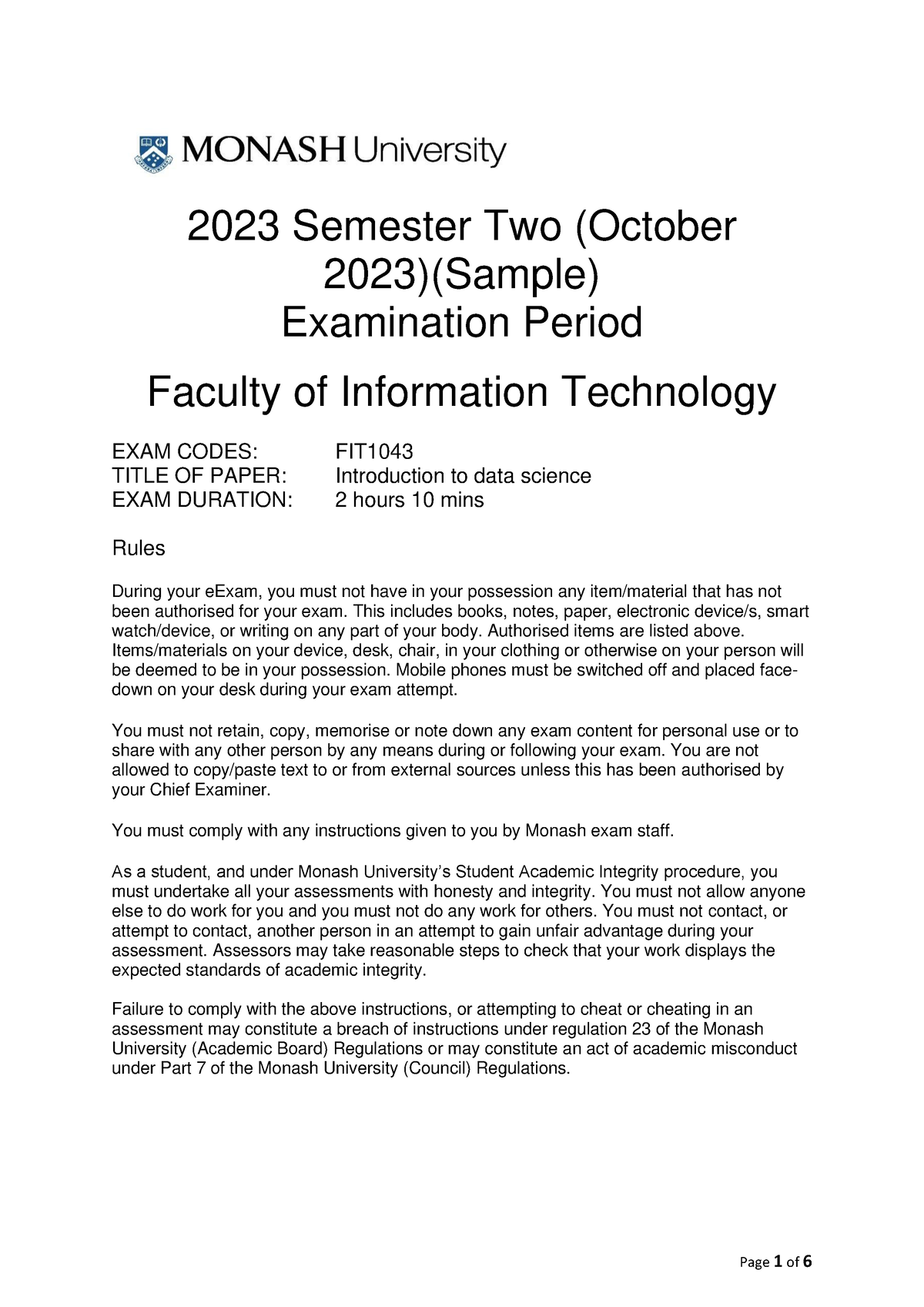 FIT1043 Sample Exam S2 2023 (with Sample Solution) - 2023 Semester Two ...