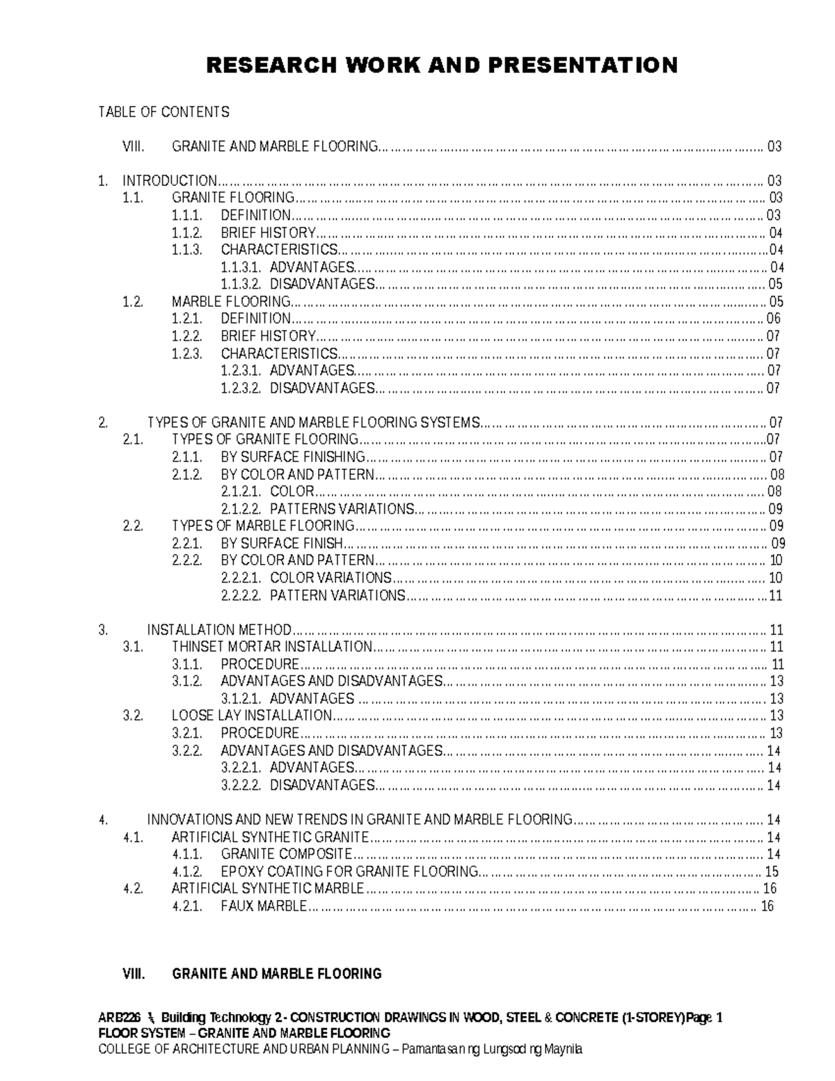 Granite And Marble Flooring - TABLE OF CONTENTS VIII. GRANITE AND ...