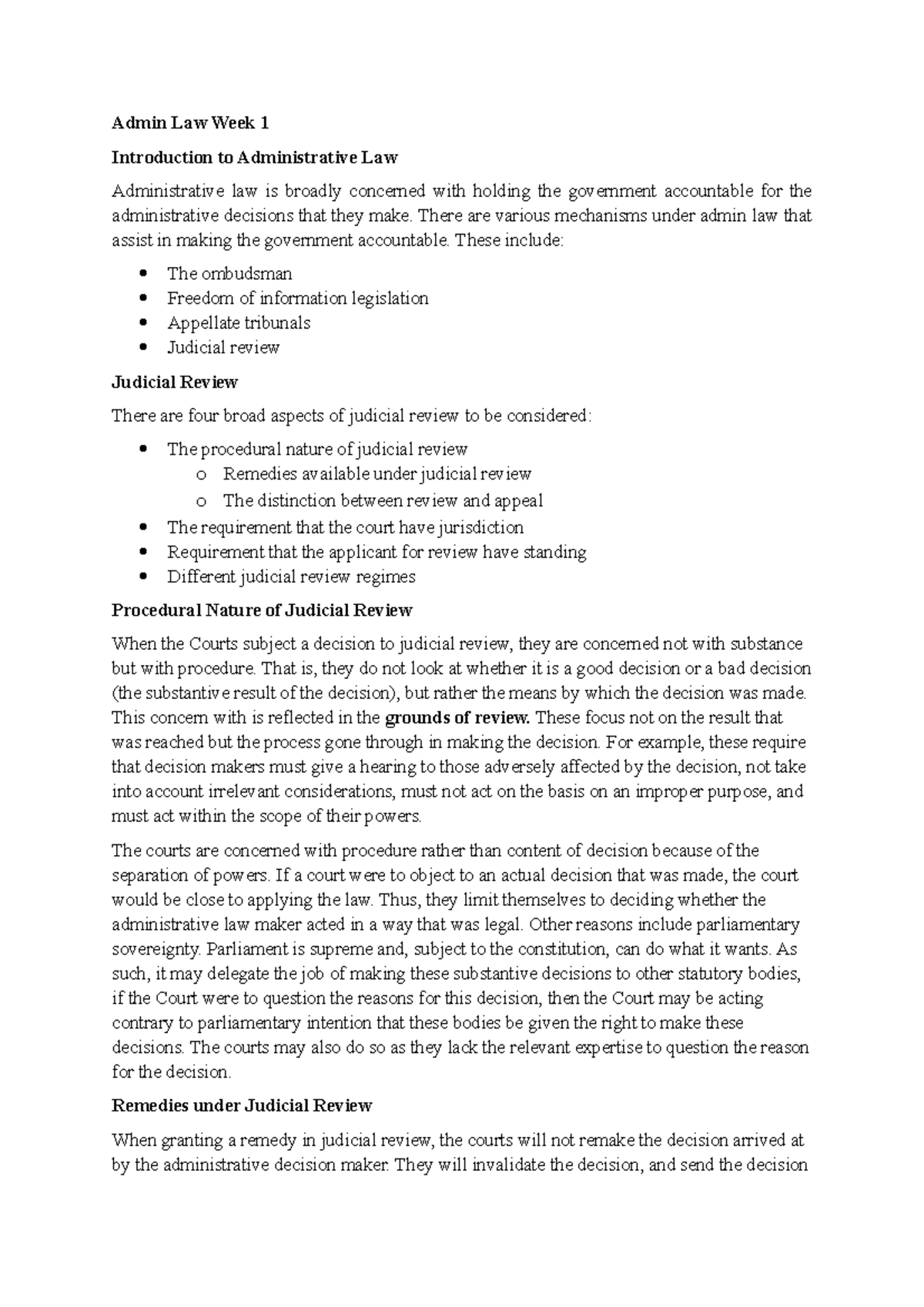 Admin Law Week 1 - There are various mechanisms under admin law that ...