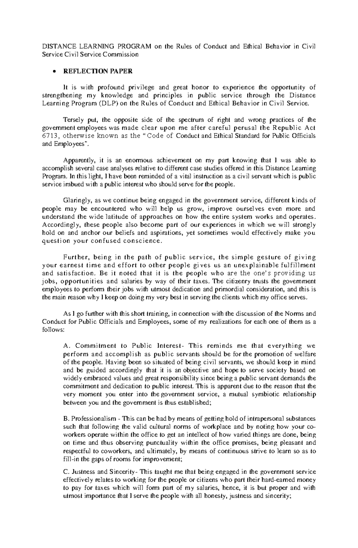 REFLECTION ON THE DISTANCE LEARNING PROGRAM ON THE RULES OFCONDUCT AND