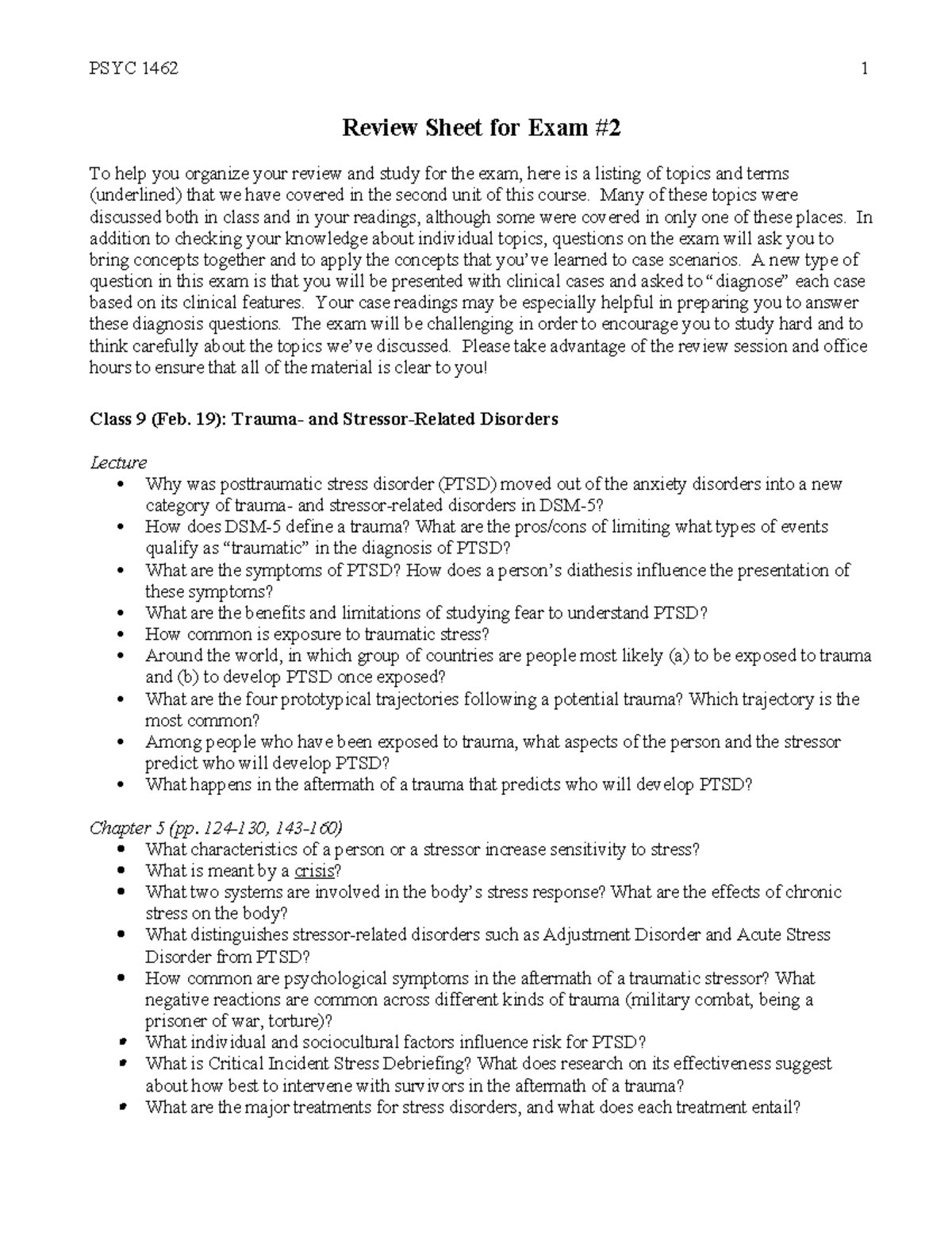 Exam 2 Review Sheet - Summary Abnormal Psychology - Review Sheet for ...