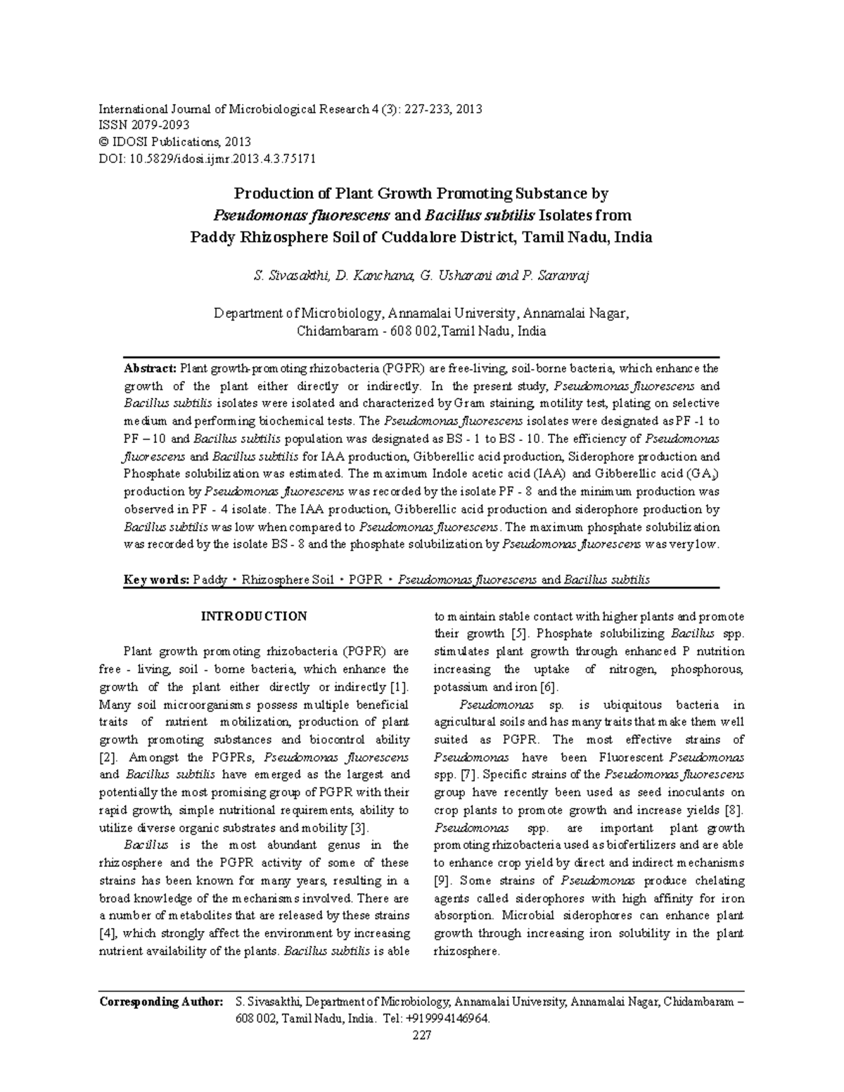 Production of plant growth promoting substance by Pseudomonas and ...