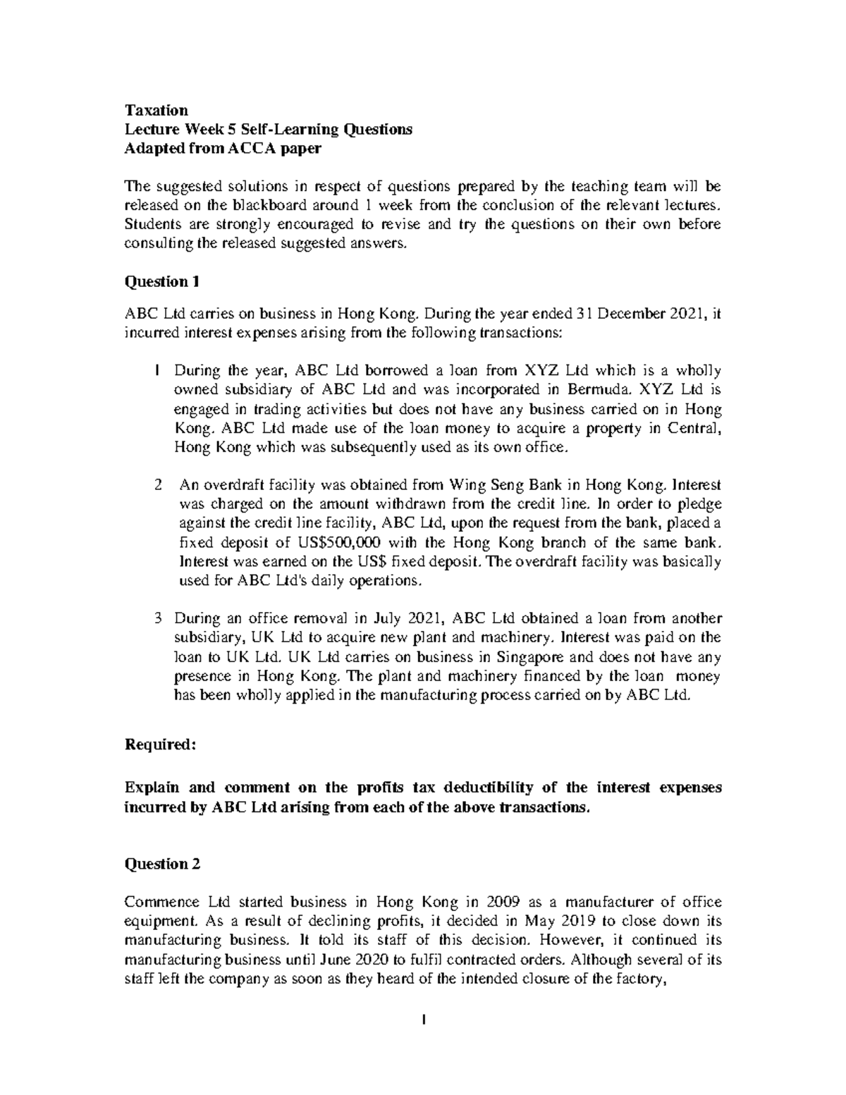 HKTaxation Lecture Week 5Questions - 1 Taxation Lecture Week 5 Self ...