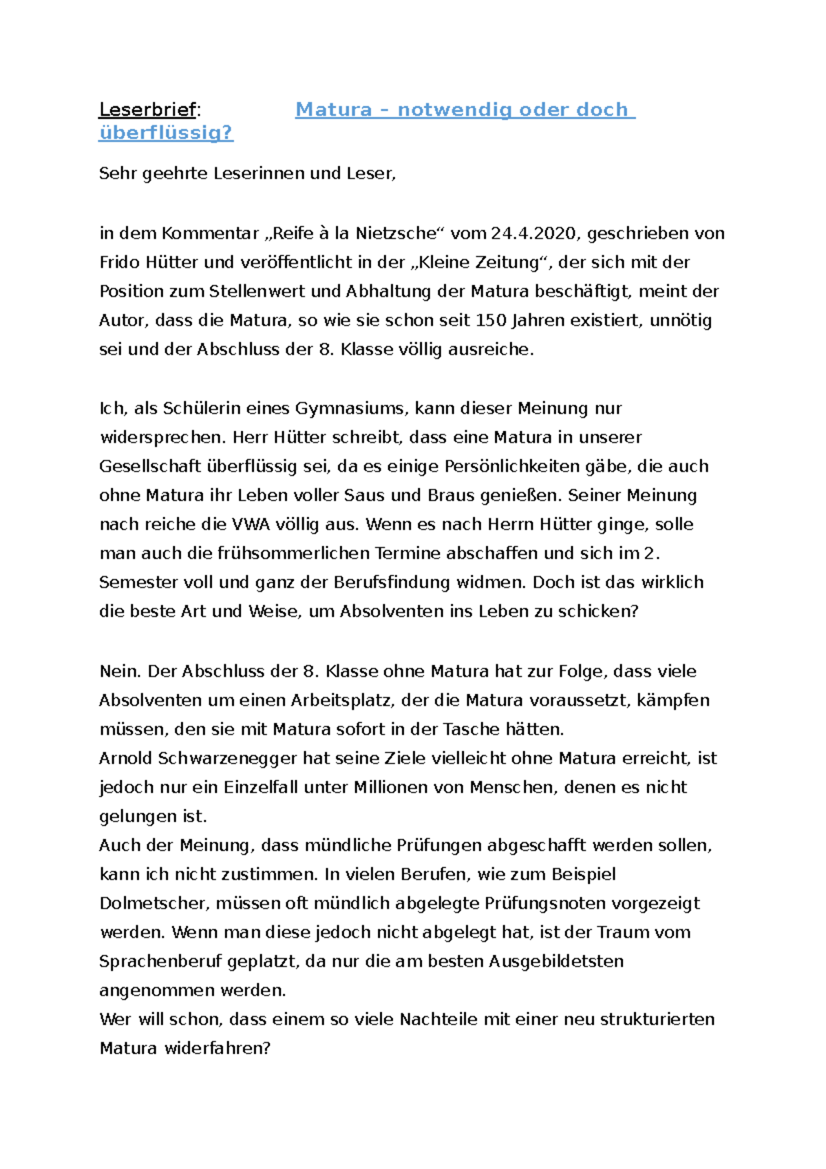 Leserbrief Matura 4, geschrieben von Frido Hütter und veröffentlicht