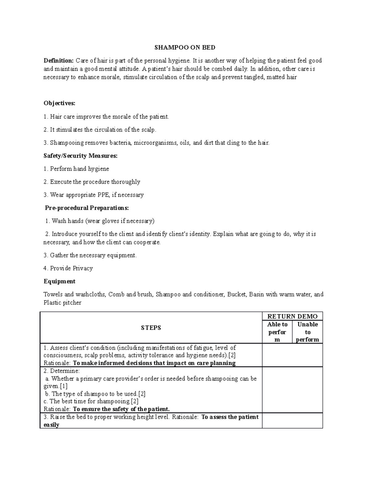 Shampoo on bed RETDEM FUNDAMENTAL OF NURSING SHAMPOO ON BED Definition Care of hair is part