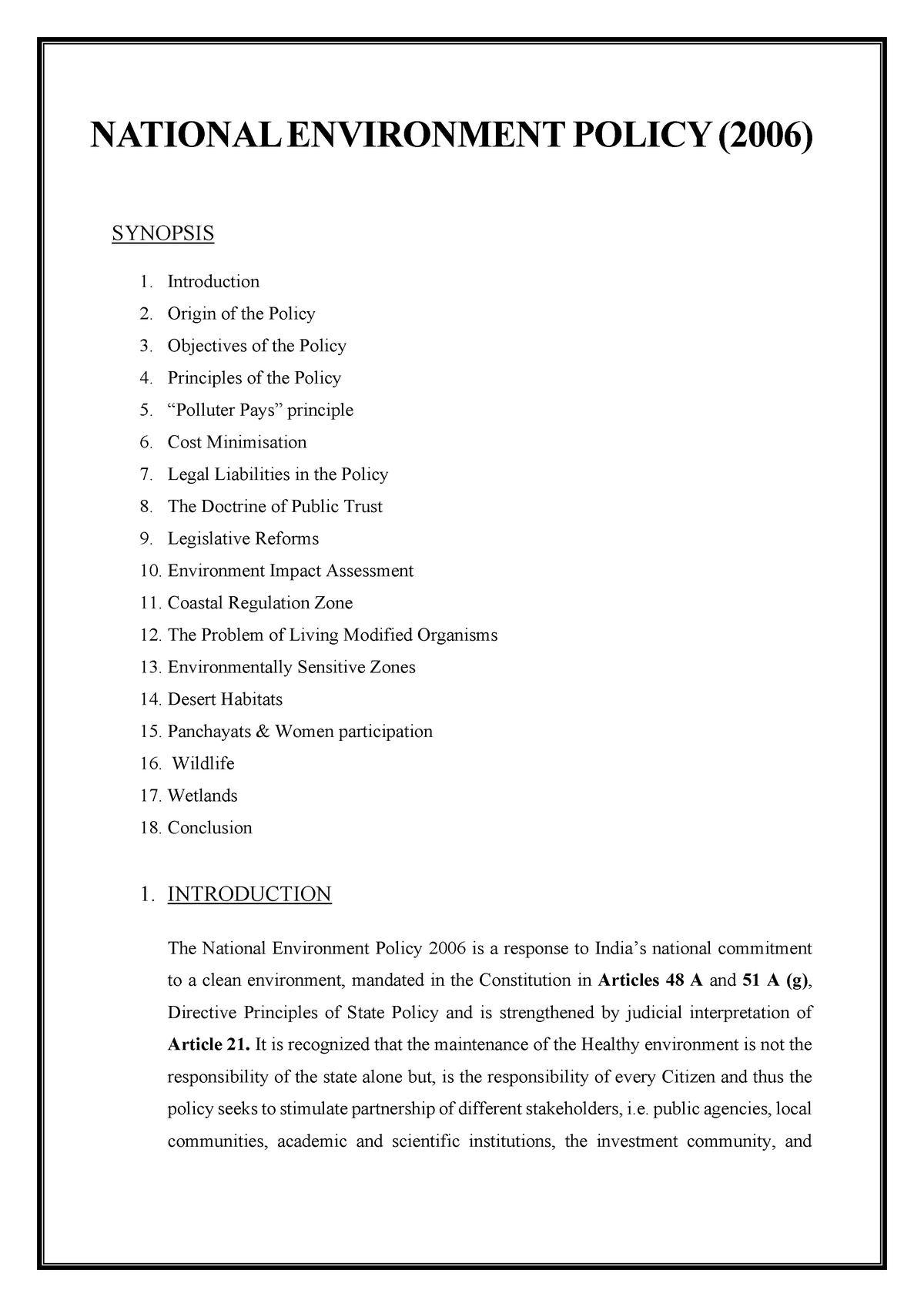 National Environment Policy 2006 NATIONAL ENVIRONMENT POLICY 2006 