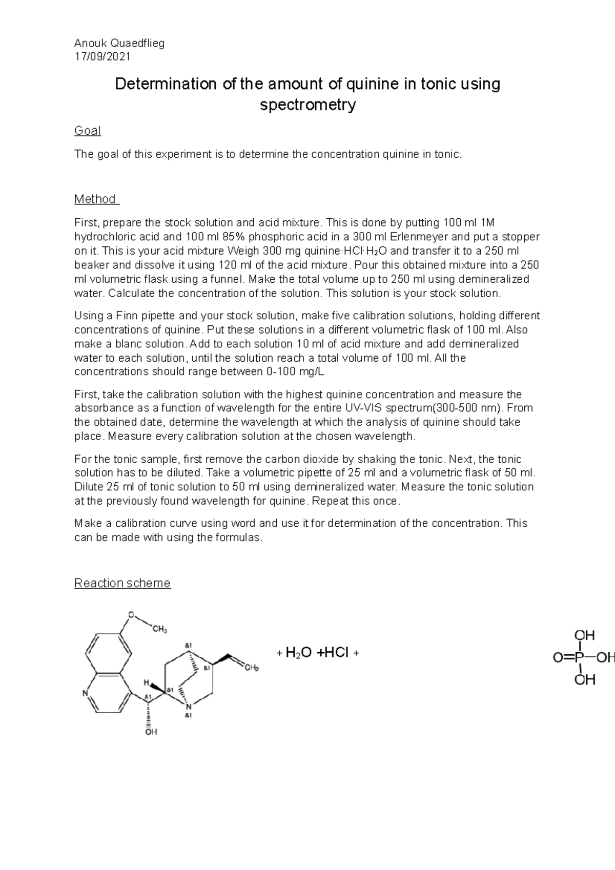 lab report quinine 17/09/ Determination of the amount of quinine in