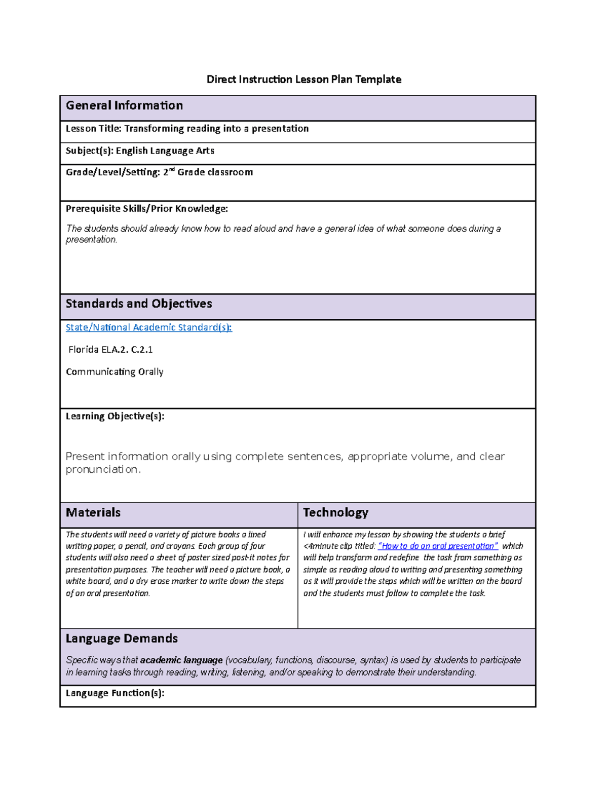 Direct Instruction Lesson Plan Task 2 - Direct Instruction Lesson Plan ...