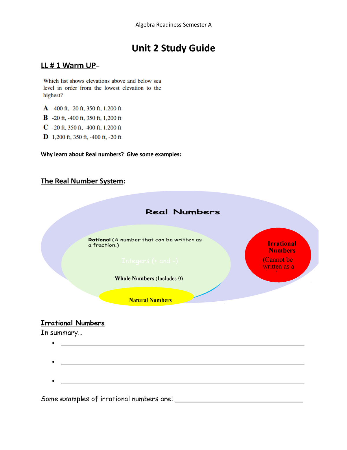 Copy of Unit 2A Study Guide Unit 2 Study Guide LL 1 Warm UP Why