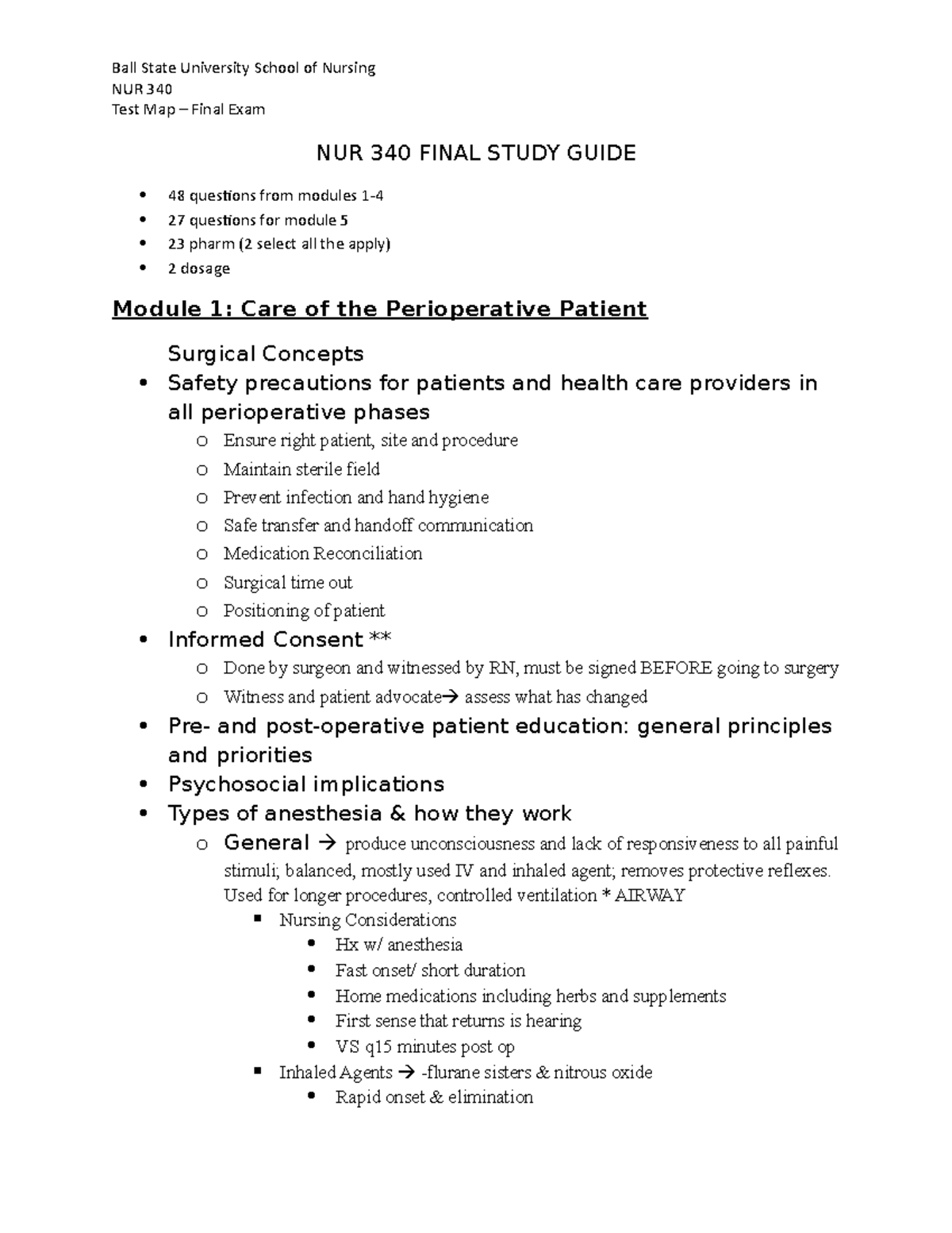 NUR 340 Final EXAM Study Guide - NUR 340 - Ball State - Studocu