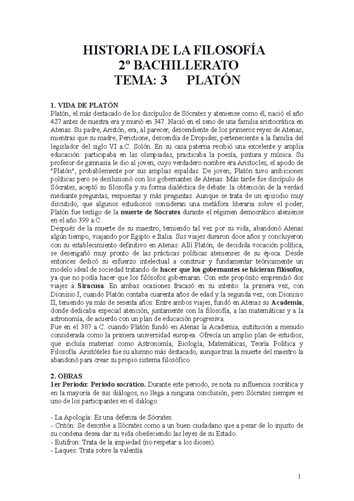 HF Tema 3 Platon - HISTORIA DE LA FILOSOFÍA 2º BACHILLERATO TEMA: 3 ...