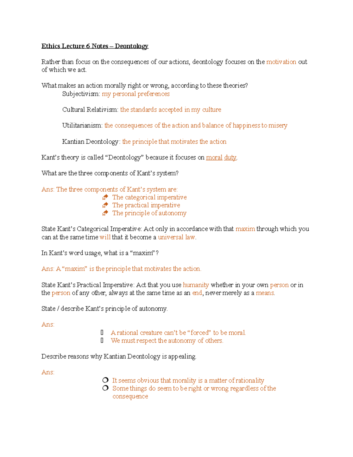 Ethics Lecture 6 Notes - Ethics Lecture 6 Notes – Deontology Rather ...