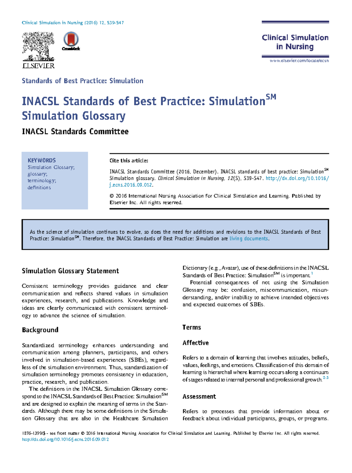 Glossary Inacsl Clinical Simulation in Nursing (2016) 12, S39S