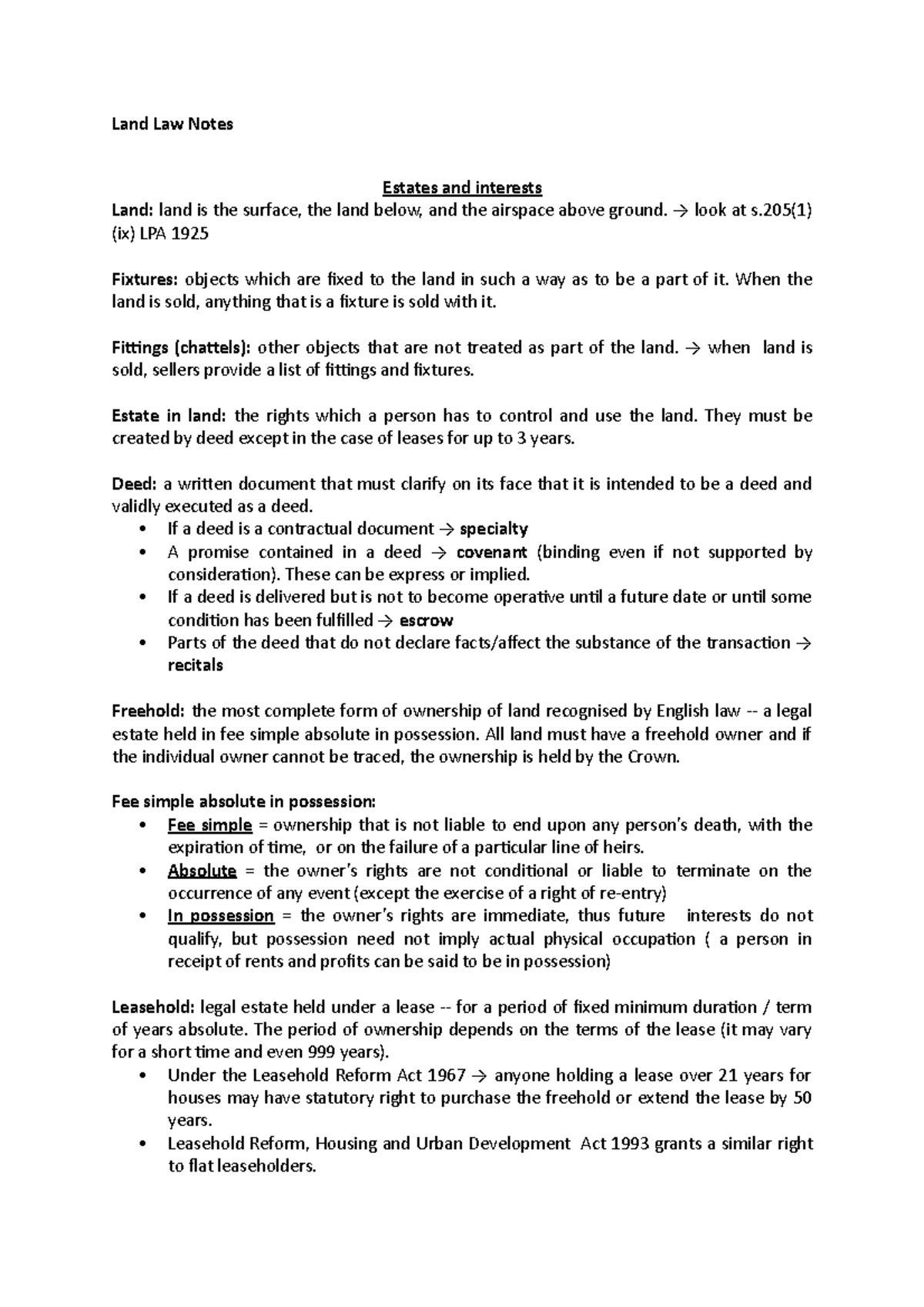 Land Law Lecture notes on leases and proprietary estoppel - Land Law ...