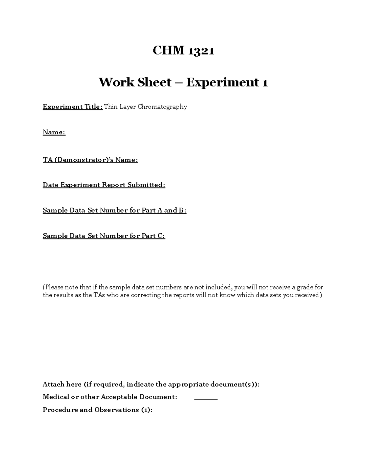 Experiment 1 (CHM 1321) - CHM 1321 Work Sheet – Experiment 1 Experiment ...