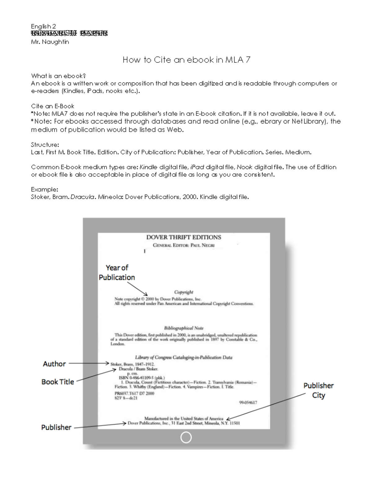 Eng 2 Ebook Works Cited Entry - English 2 RESEARCH PAPER Mr. Naughtin How to Cite an ebook in ...