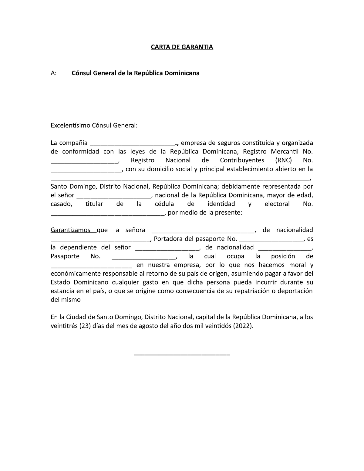 Carta De Garantia Carta De Garantia A Cónsul General De La República Dominicana Excelentísimo 8932