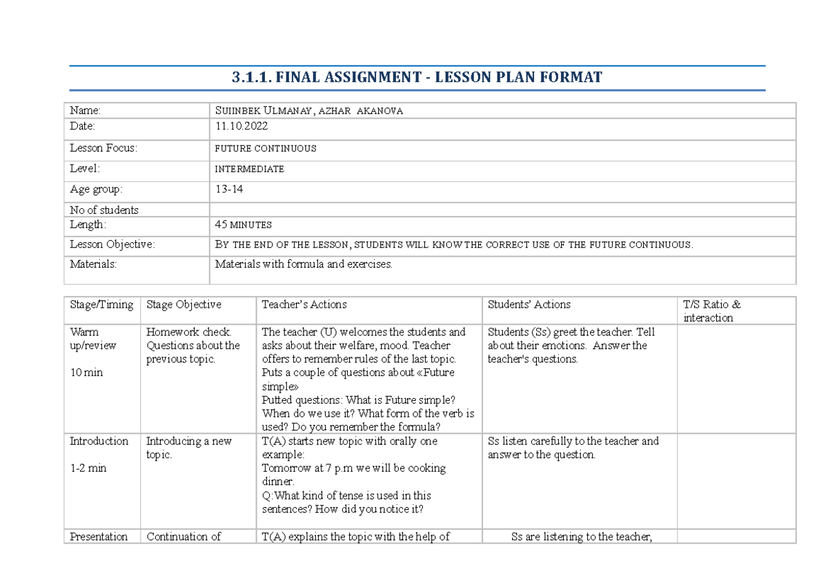 Suiinbek U. Akanova A. lesson plan grammar - 3. FINAL ASSIGNMENT ...