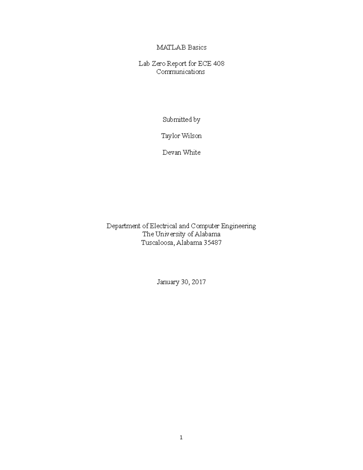 Matlab Basics 2 - MATLAB Basics Lab Zero Report for ECE 408 ...