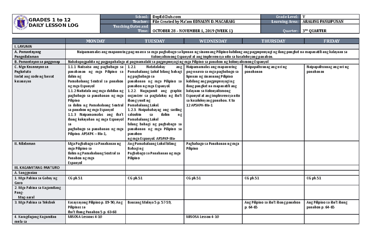DLL Araling Panlipunan 5 Q3 W1 - GRADES 1 to 12 DAILY LESSON LOG School ...