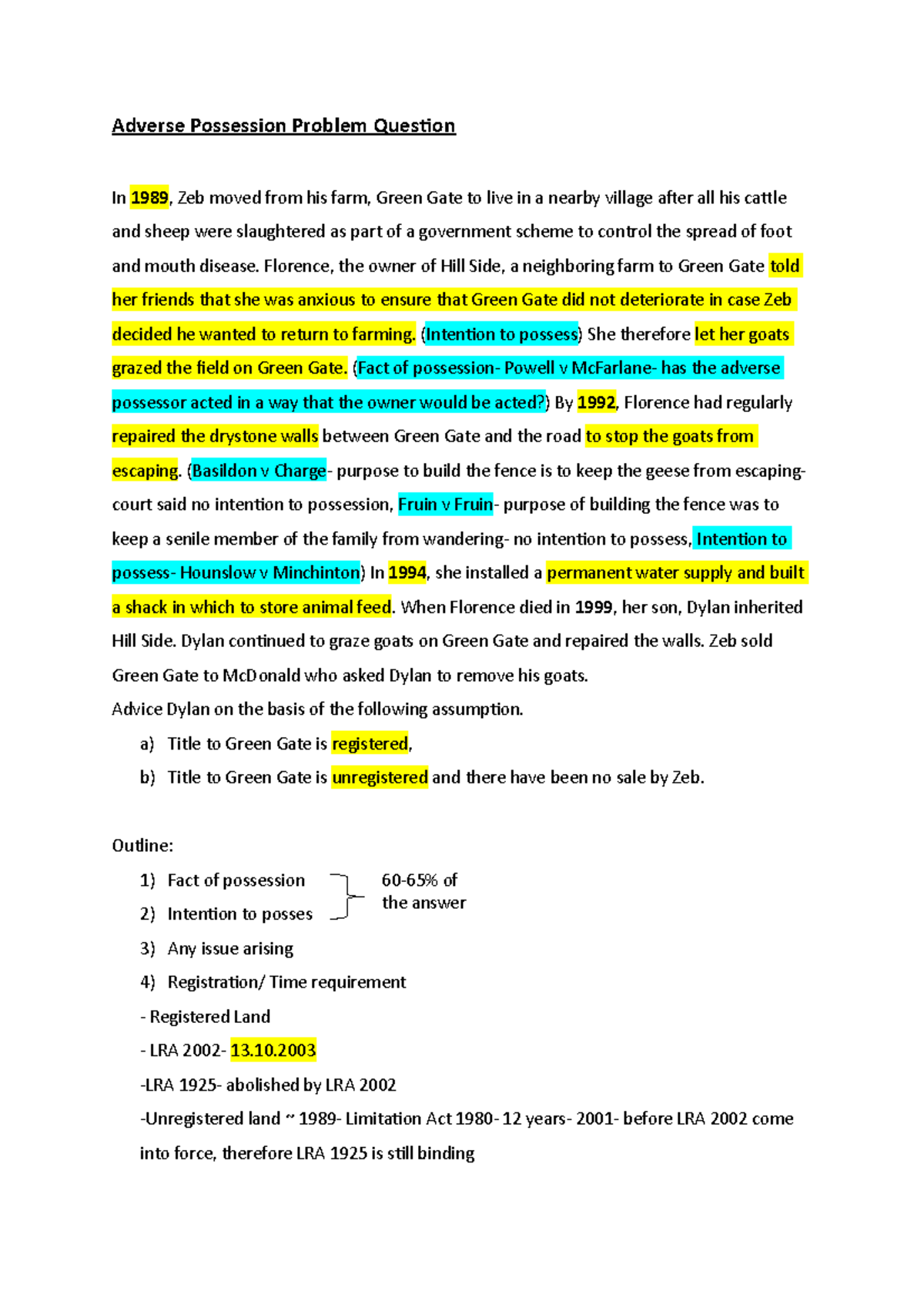 Adverse Possession Land Law (Problem Question) LAW242 Liverpool