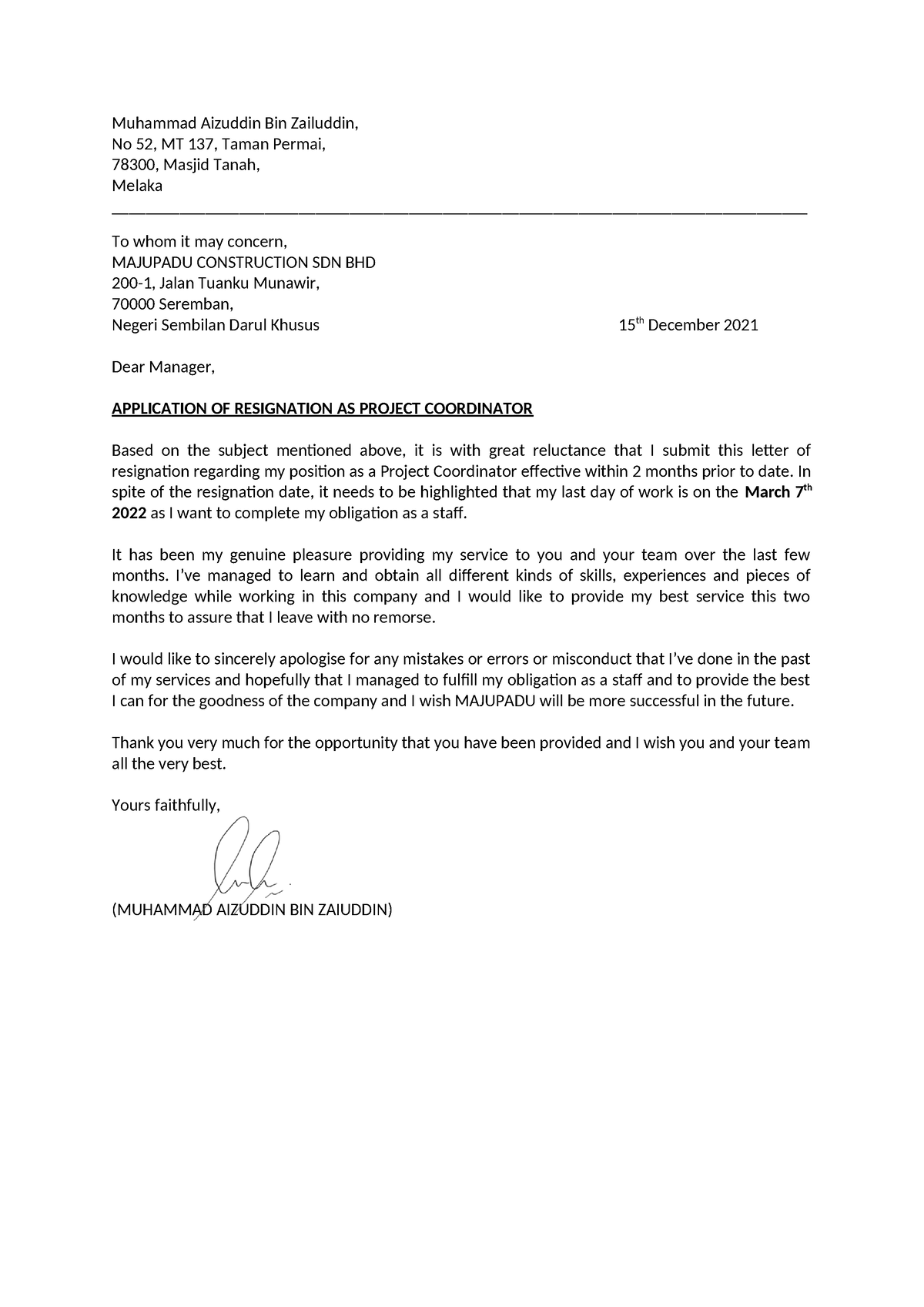 Letter of Resignation (Bby) - Muhammad Aizuddin Bin Zailuddin, No 52 ...