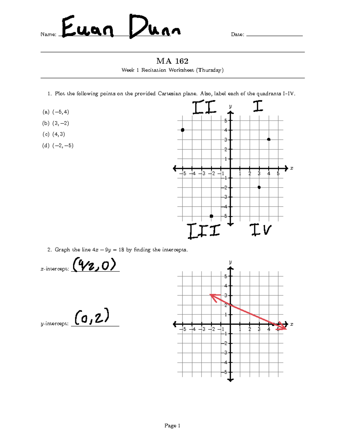 Recitation+Week+1+WS Thurs - Name: Date: MA 162 Week 1 Recitation ...