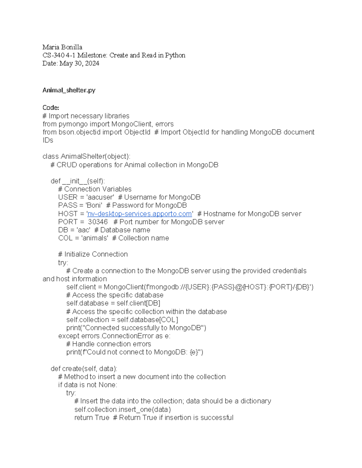 Maria Bonilla CS-340 4-1 Milestone- Create and Read in Python - Maria ...