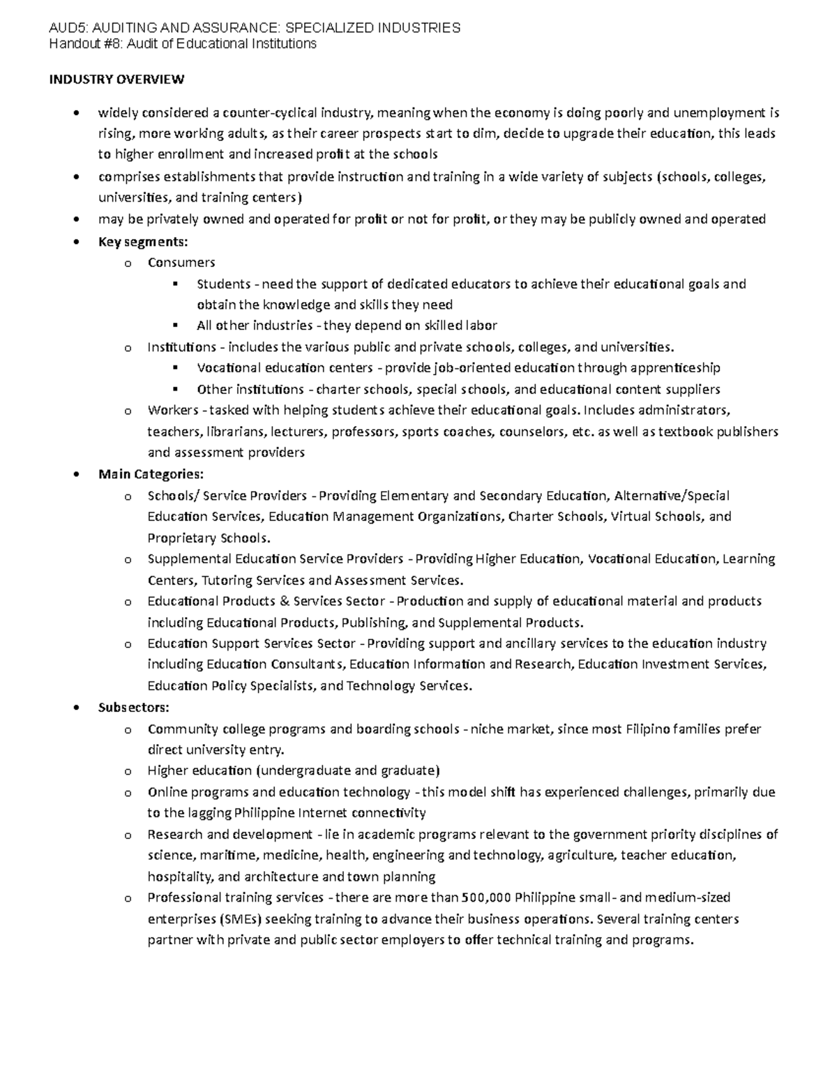 AUD5 Handout#8 Education - AUD5: AUDITING AND ASSURANCE: SPECIALIZED ...