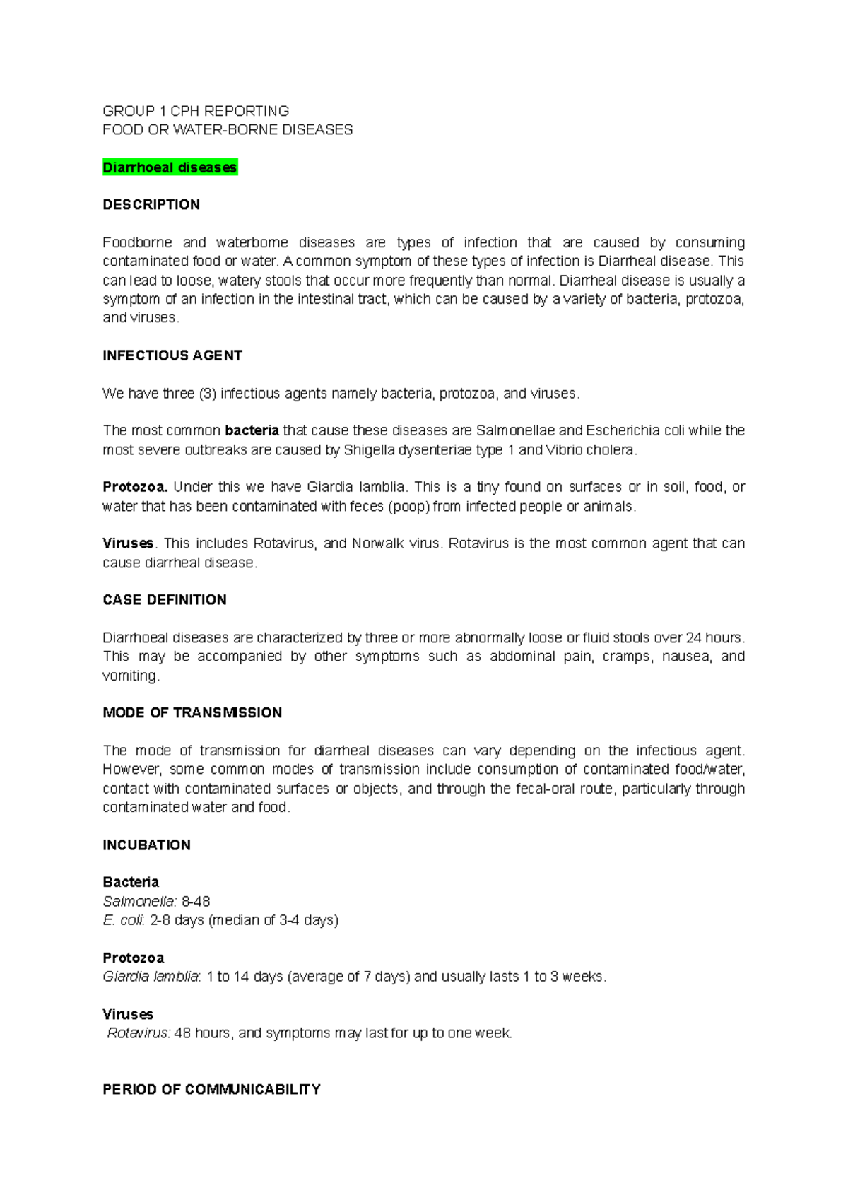 CPH Prefi Written Report about Diarrheal Diseases - GROUP 1 CPH ...