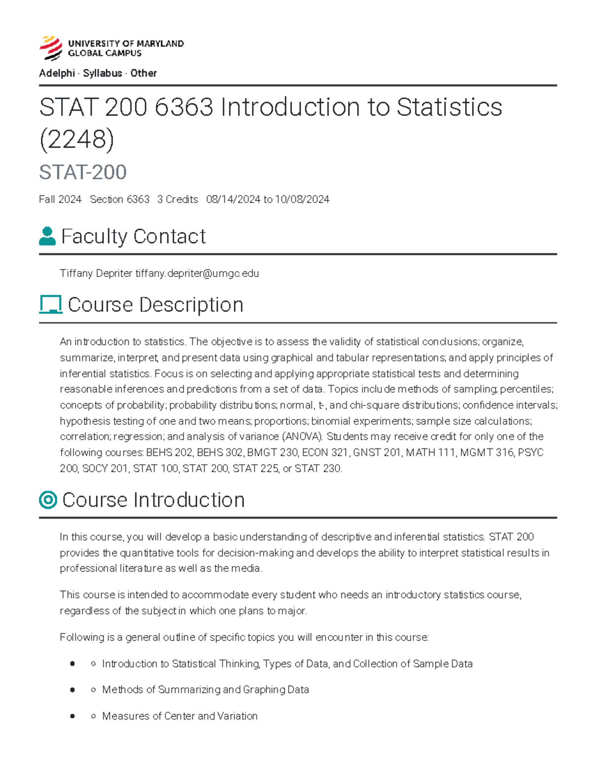 Syllabus STAT 200 6363 Introduction to Statistics 2248 STAT 200 Fall