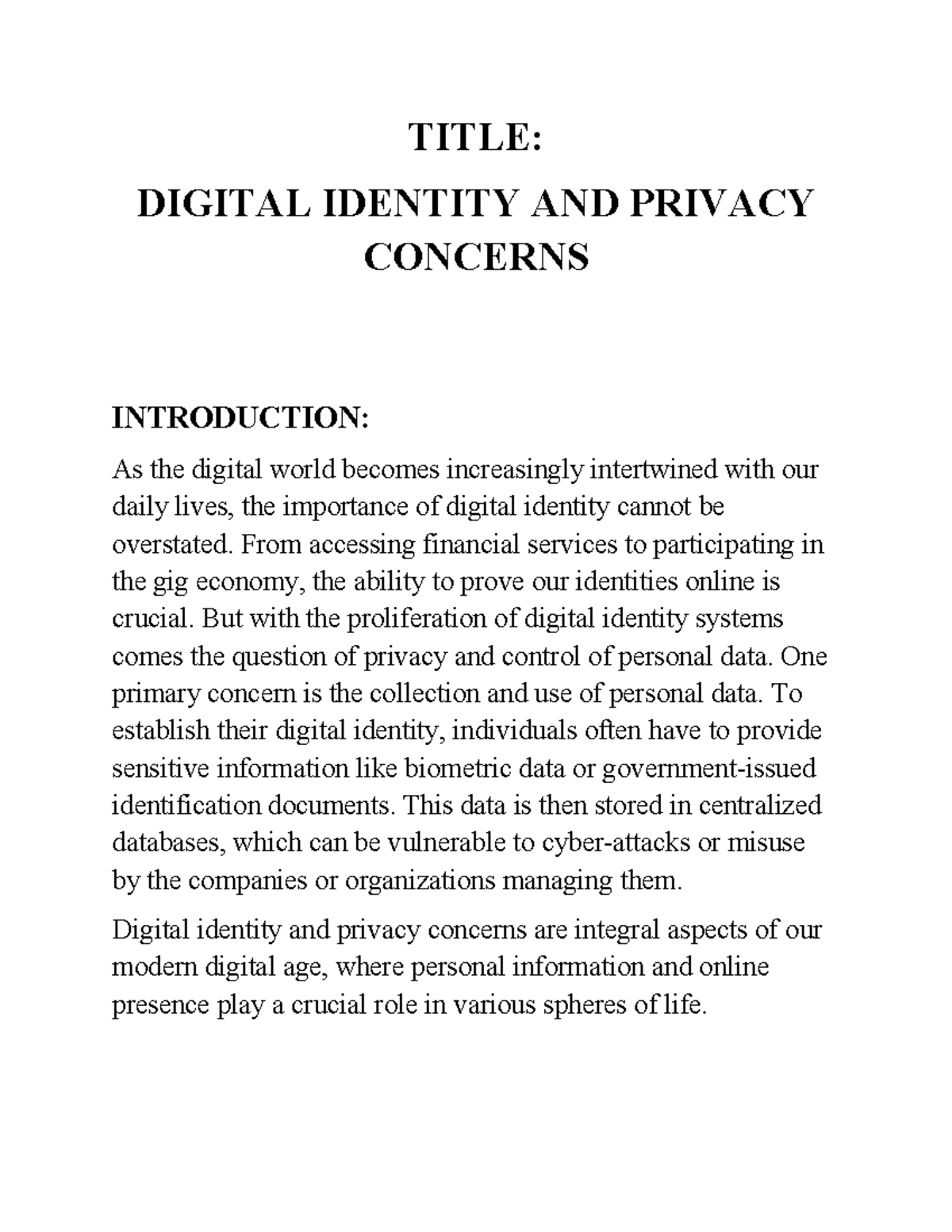 Digital Identity AND Privacy Concerns - TITLE: DIGITAL IDENTITY AND ...