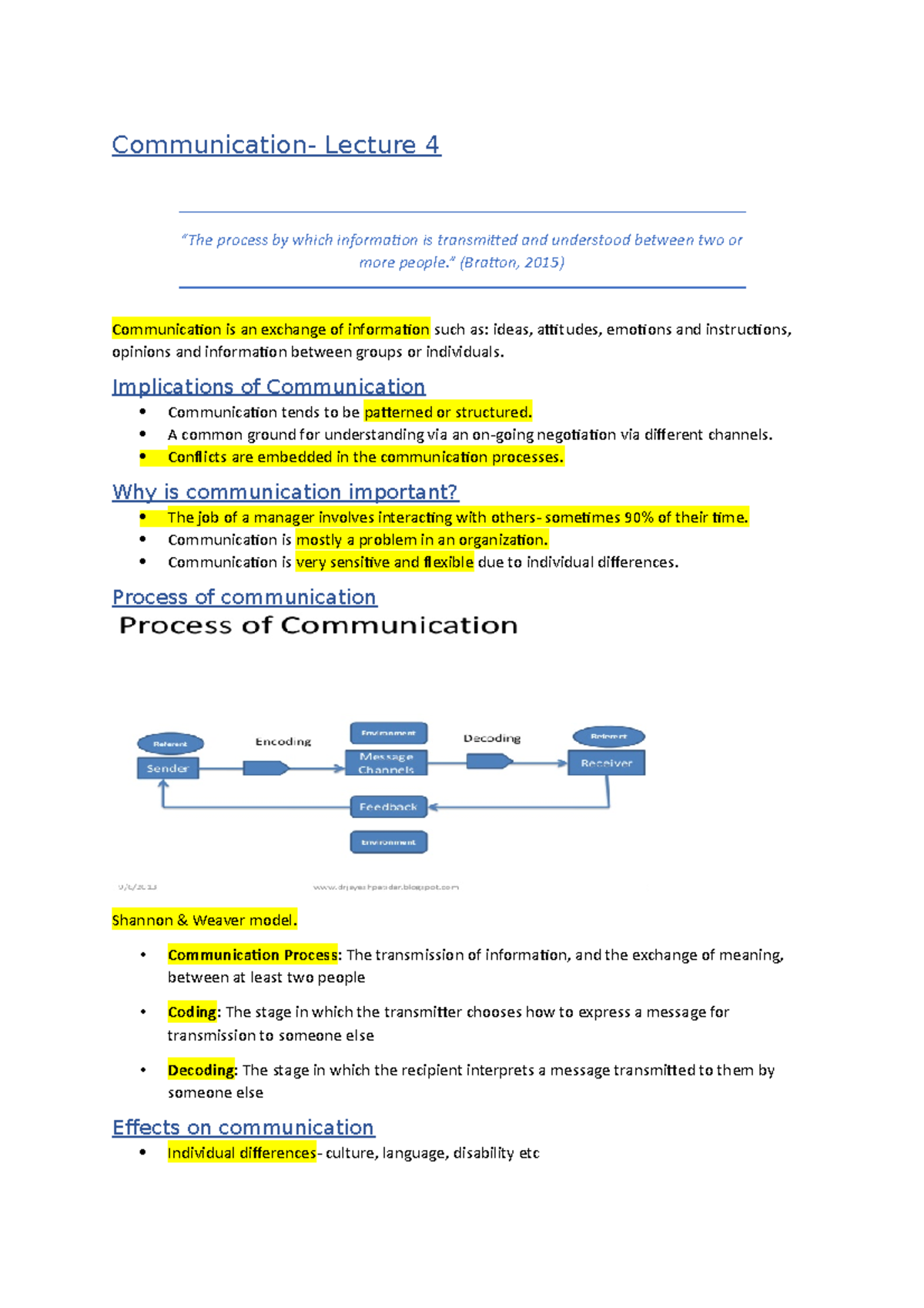 Communication - Lecture notes 4 - Communication- Lecture 4 “The process ...