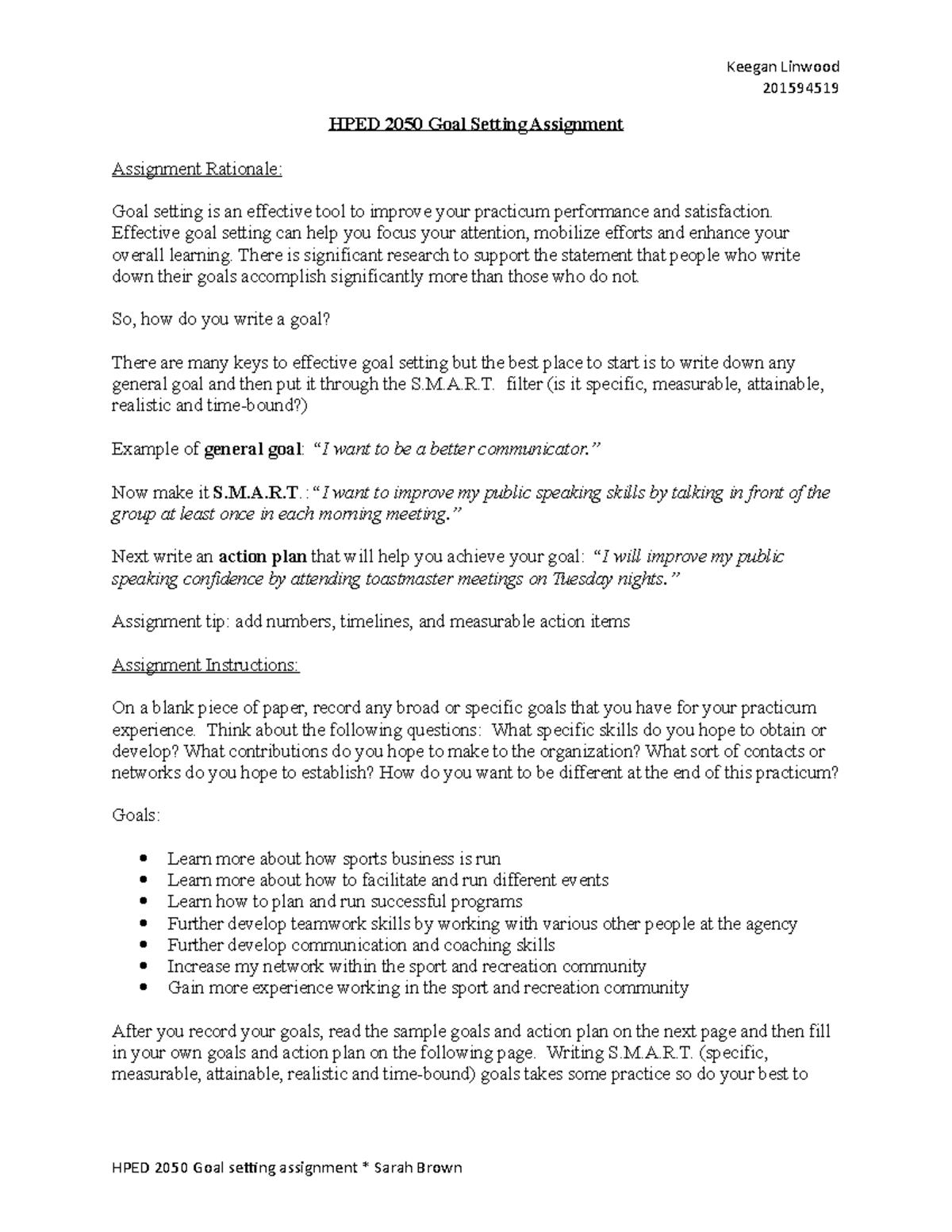 Goal Setting Assignment 201594519 HPED 2050 Goal Setting Assignment