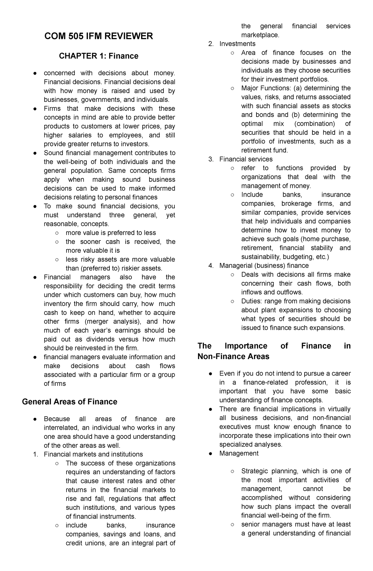 COM 505 IFM Reviewer Prelims - COM 505 IFM REVIEWER CHAPTER 1: Finance ...