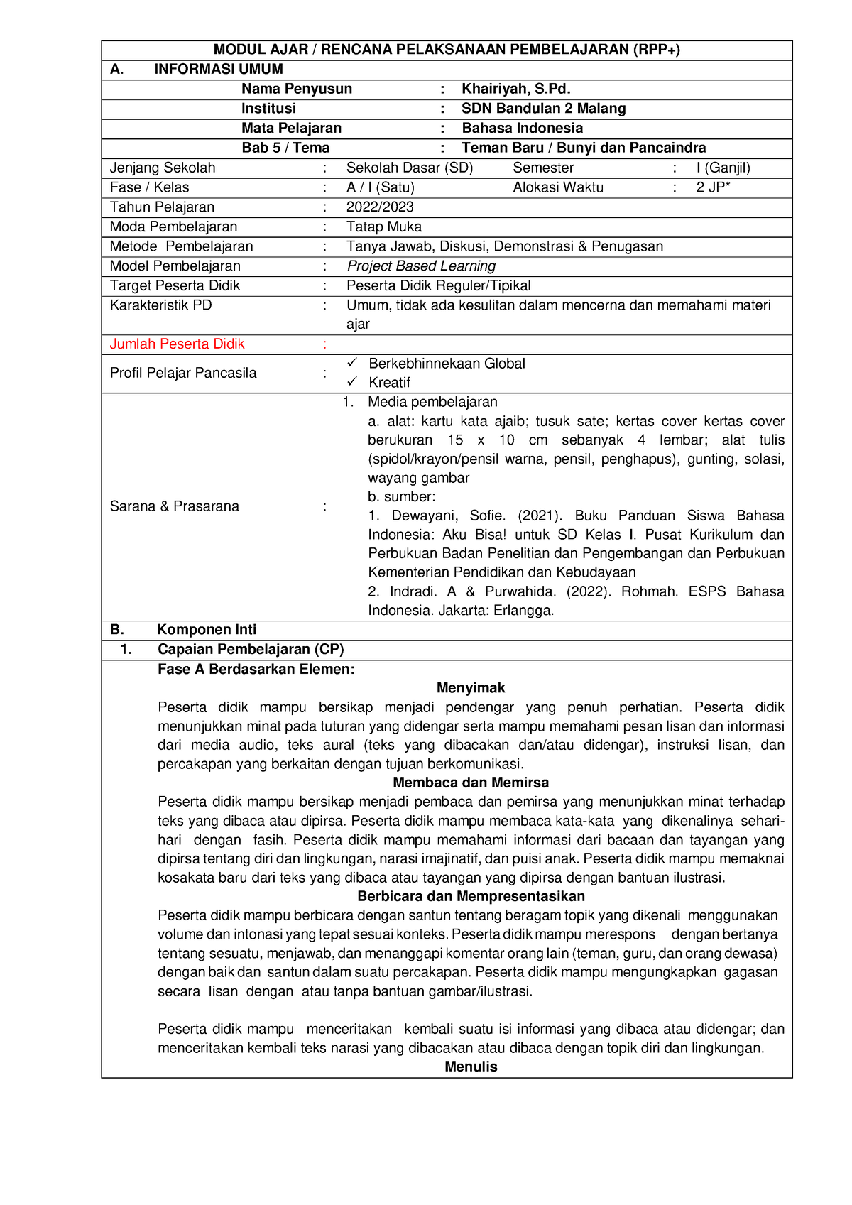 Kelas 1A Bahasa Indonesia Kata Ajaib - MODUL AJAR / RENCANA PELAKSANAAN ...