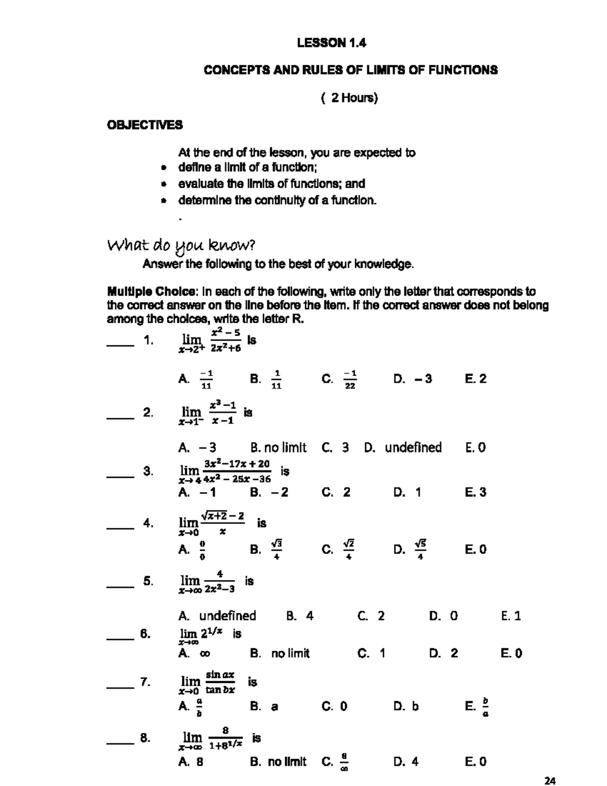 Lesson 1.4: Concepts and Rules of Limits of Functions - Mathematics in ...