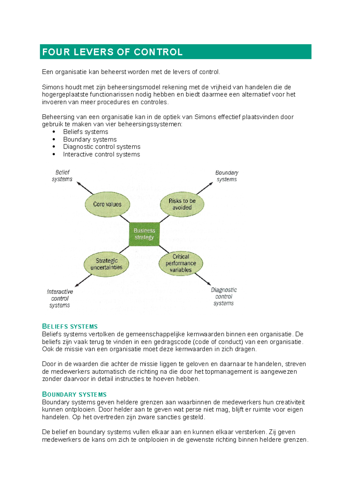 Modellen - FOUR LEVERS OF CONTROL Een organisatie kan beheerst worden ...